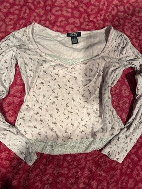 Just Polly New York Pink Floral Lace-Trim Long Sleeve Top medium
